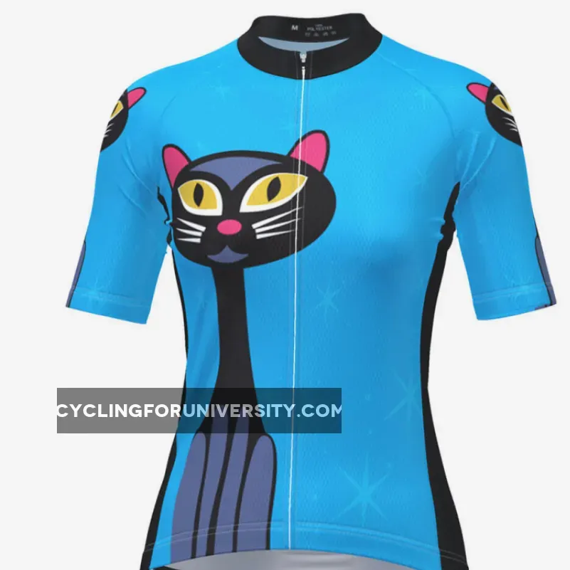 Women's Night Cat Blue Short Sleeve Cycling Jersey For Sale