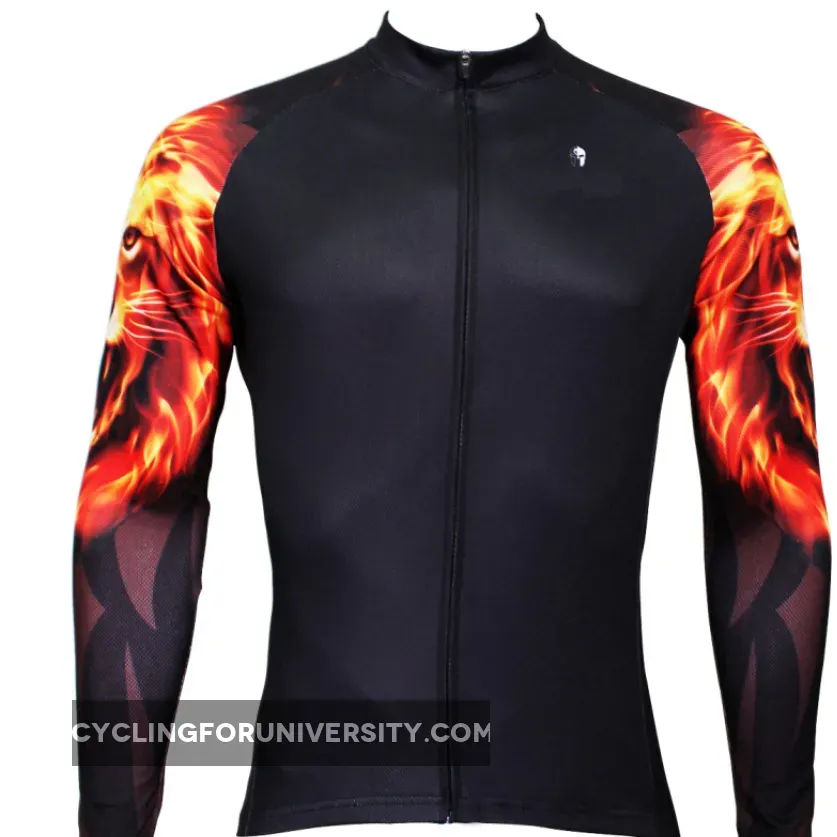 Fire Golden Roar Lion Cool Arm Print Men's Cycling Long-sleeve Black Jerseys NO.370