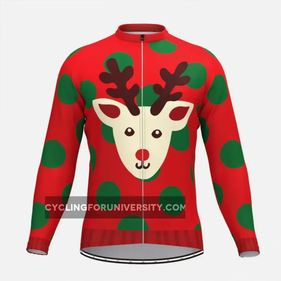 Ugly Christmas Sweater Elk Green Dots LS Cycling Jersey Red