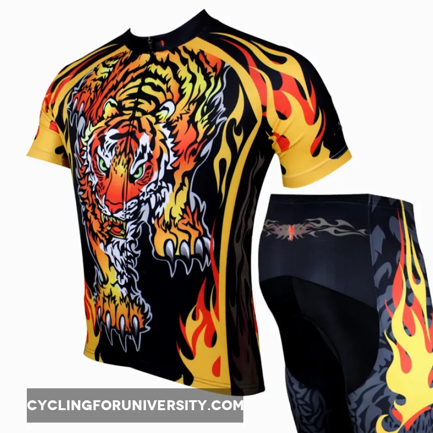 ILPALADINO Fire Tiger Cycling Rock Design Long/Short-Sleeve Men's Bike Shirt/Suit Breathable and Quick Dry Road Biking Wear Yellow NO.109