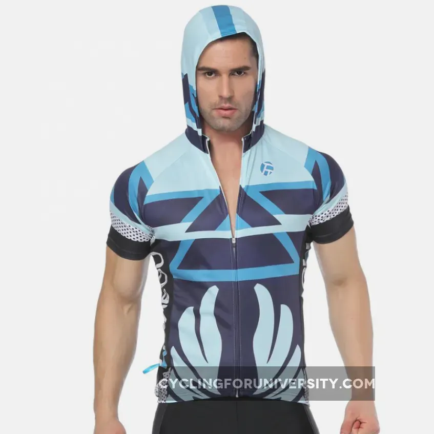 Geometry Blue Outdoor Running Cycling Fitness Extreme Sports Mens T-shirts Hooded Short-sleeve Jacket Clothing and Riding Gear with Cap Quick dry Breathable NO.820