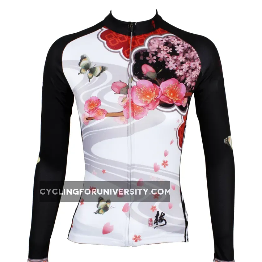 Ilpaladino Peach Blossom Butterfly With Flying Petal Women Cycling Jerseys Long-sleeve summer Spring Sportswear Gear Pro Cycle Clothing Racing Apparel Outdoor Sports Leisure Biking Shirt NO.542