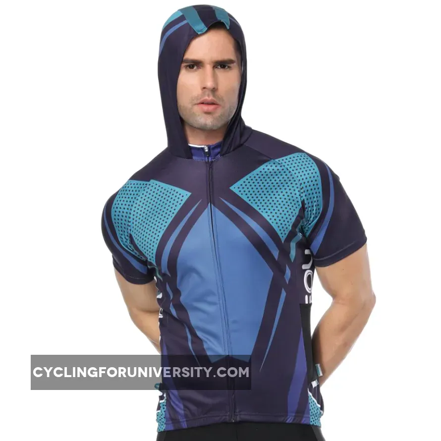 Blue Outdoor Running Cycling Fitness Extreme Sports Mens T-shirts Hooded Short-sleeve Jacket Clothing and Riding Gear with Cap Quick dry Breathable NO. 825