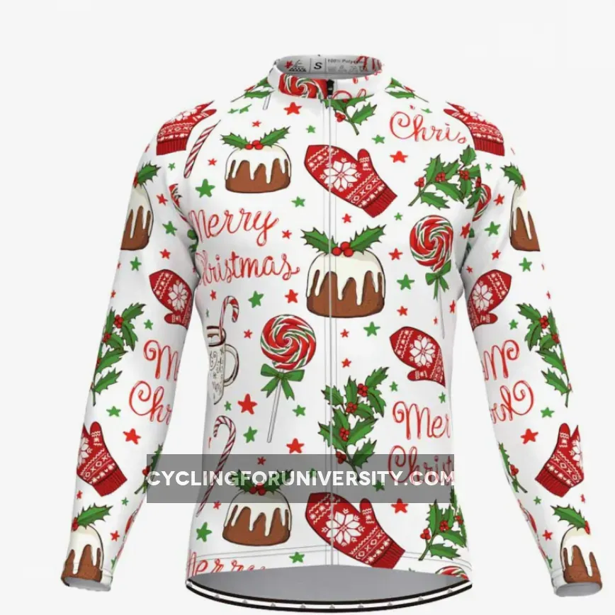 Merry Christmas Themed Print Long Sleeve Cycling Jersey