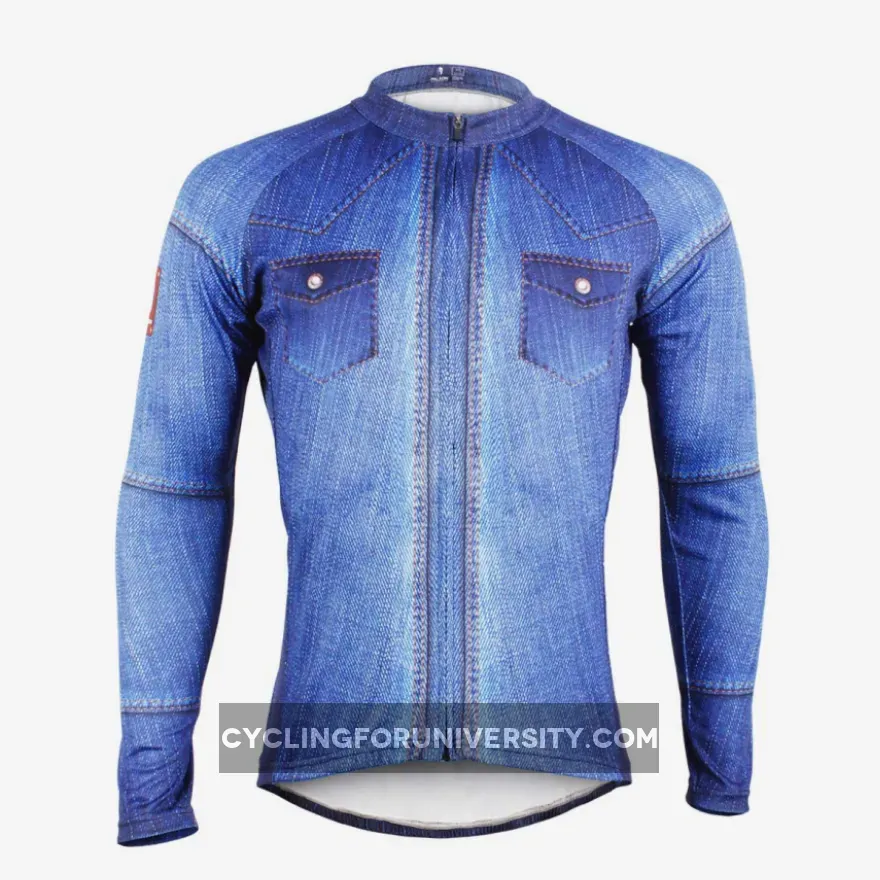 Mens Stylish Denim-blue Hidden-Zipper Long-sleeves Cycling Jersey Outdoor Sport Shirt Leisure Sport Bike Winter Windproof Jacket Bicycle Clothing 607(velvet)