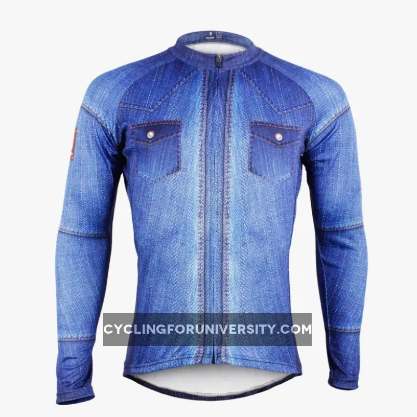 Mens Stylish Denim-blue Hidden-Zipper Long-sleeves Cycling Jersey Outdoor Leisure Sport Bike Spring Fall Autumn Windproof Jacket Bicycle Clothing 607