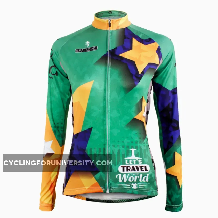 TRAVEL THE WORLD Yellow Golden Star Green Women Cycling Jerseys Short/long-sleeve Summer Spring Sportswear Gear Pro Cycle Clothing Racing Apparel Outdoor Sports Leisure Biking Shirt NO.596