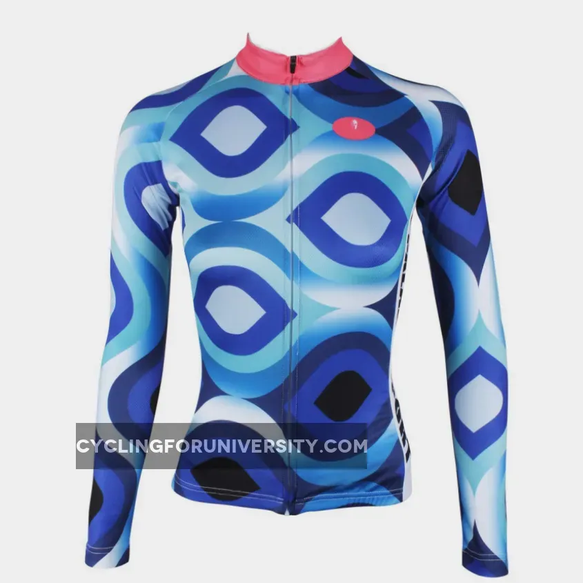Scrollwork Pink-collar Blue Women's Long Sleeves Blue Pink-collar Cycling Jersey 182