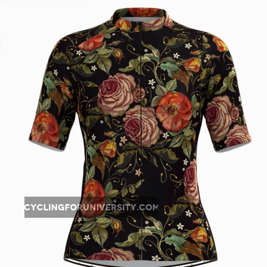 Women's Retro Rose Flower Embroidery Stitches Cycling Jersey V1