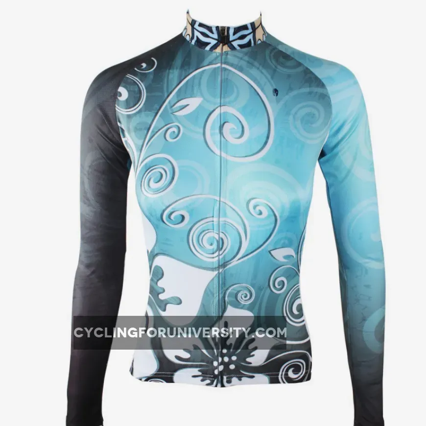 Ilpaladino Silver Flowers Blue Elegant Woman's Cycling long-sleeve Jersey/Suit Spring Summer Bicycling Pro Cycle Clothing Racing Apparel Outdoor Sports Leisure Biking T-shirt Sportswear NO.320