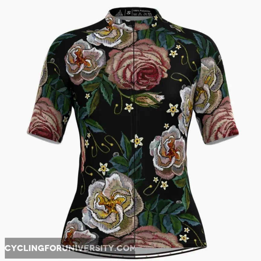 Women's Retro Rose Flower Embroidery Stitches Cycling Jersey V3