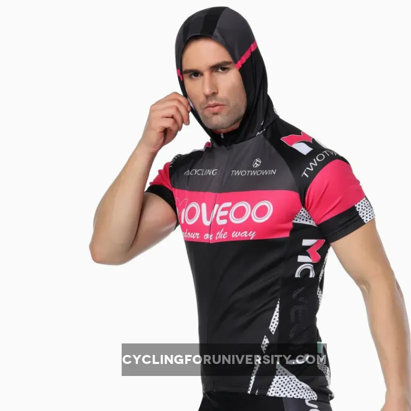 Pink-strip Dotted Black Outdoor Running Cycling Fitness Extreme Sports Mens T-shirts Hooded Short-sleeve Jacket Clothing and Riding Gear with Cap Quick dry Breathable NO. 822