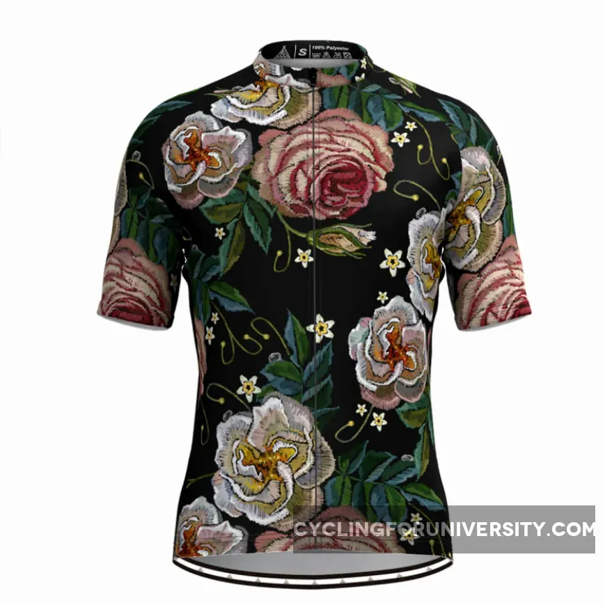 Men's Retro Rose Flower Embroidery Stitches Cycling Jersey V3