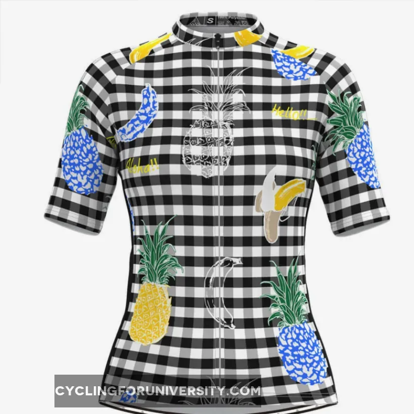 Women's The Fruits Print Black White Plaid Cycling Jersey