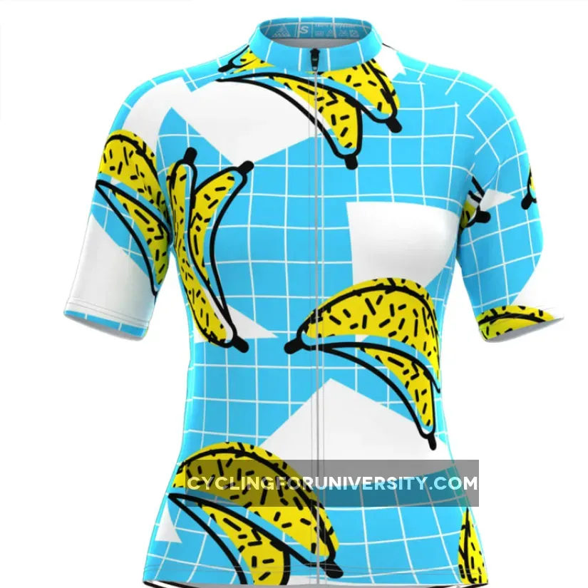 Women's Banana Print Blue Plaid Cycling Jersey Brand New