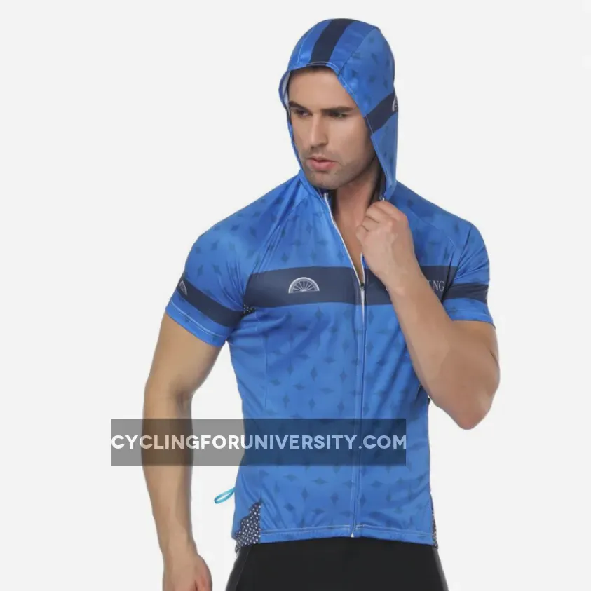 Prism Star Blue Outdoor Running Cycling Fitness Extreme Sports Mens T-shirts Hooded Short-sleeve Jacket Clothing and Riding Gear with Cap Quick dry Breathable NO. 823