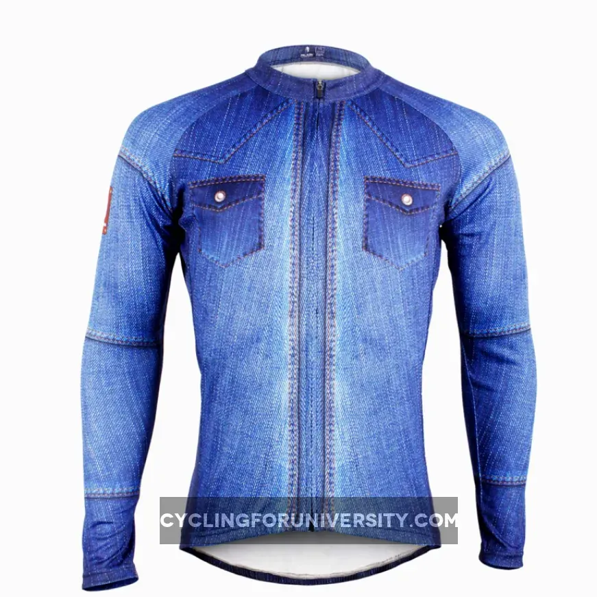 Mens Stylish Denim-blue Hidden-Zipper Long-sleeves Cycling Jersey 607