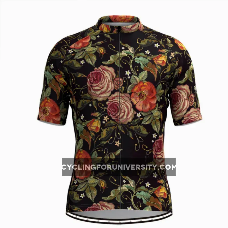 Men's Retro Rose Flower Embroidery Stitches Cycling Jersey V1