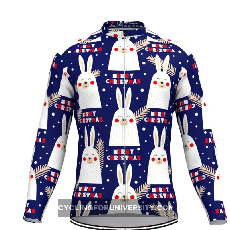 Merry Christmas Cartoon Elk Long Sleeve Cycling Jersey Blue